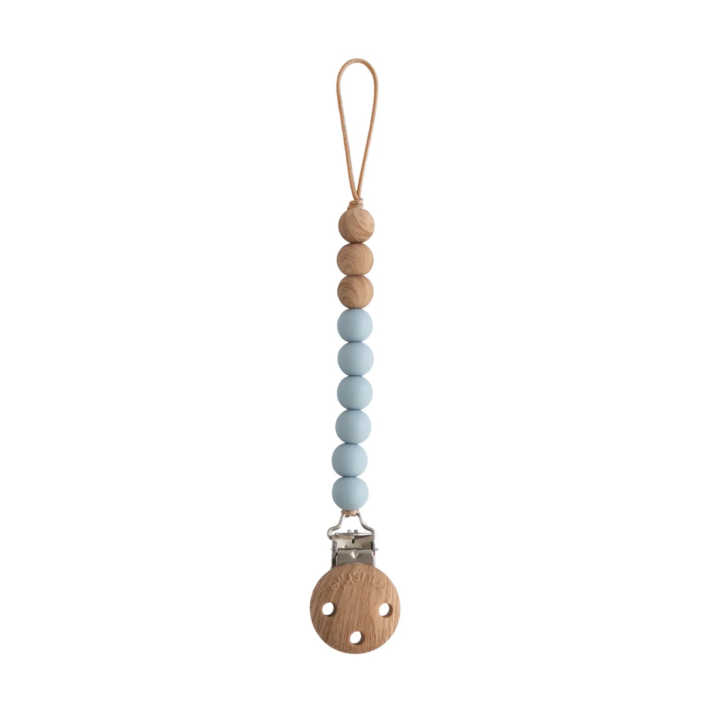 Fopspeenketting / fopspeenclip van het merk Mushie met blauwe siliconenkralen en natuurlijke houten kralen.